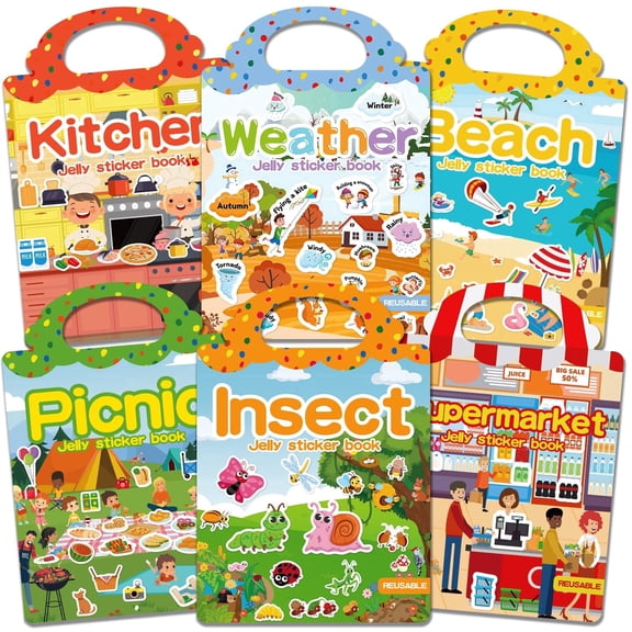 CREATIVETREES 6 Sets Reusable Sticker Book for Toddlers 3-6, Jelly Sticker Books for Toddler, Travel Sticker Activity Toys for Kids 3 4 5 6 Years Old Girls & Boys