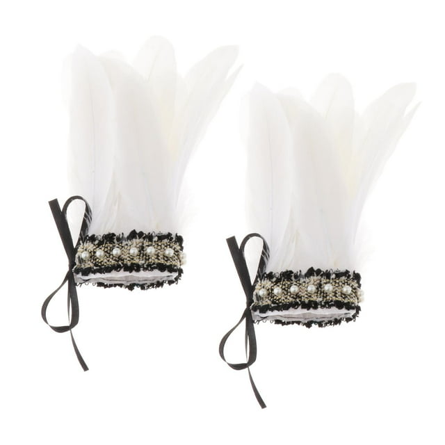 1 par de muñequeras de felpa, accesorios para disfraces, plumas sintéticas Steampunk, calentadores de brazos teñidos, muñequera para baile latino, blanco Macarena Puños de muñeca