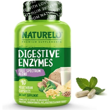 NATURELO Digestive Enzymes - Full Spectrum Support with a Broad Blend of 15 Enzymes Plus Ginger - 90 Vegan Capsules
