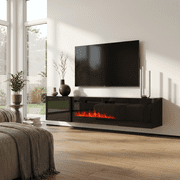 Cali BL-EF Floating Fireplace TV Stand for TVs up to 80, Modern High Gloss 72 Entertainment Center, Wall Mounted Electric Fireplace TV Media Console with Storage Cabinets