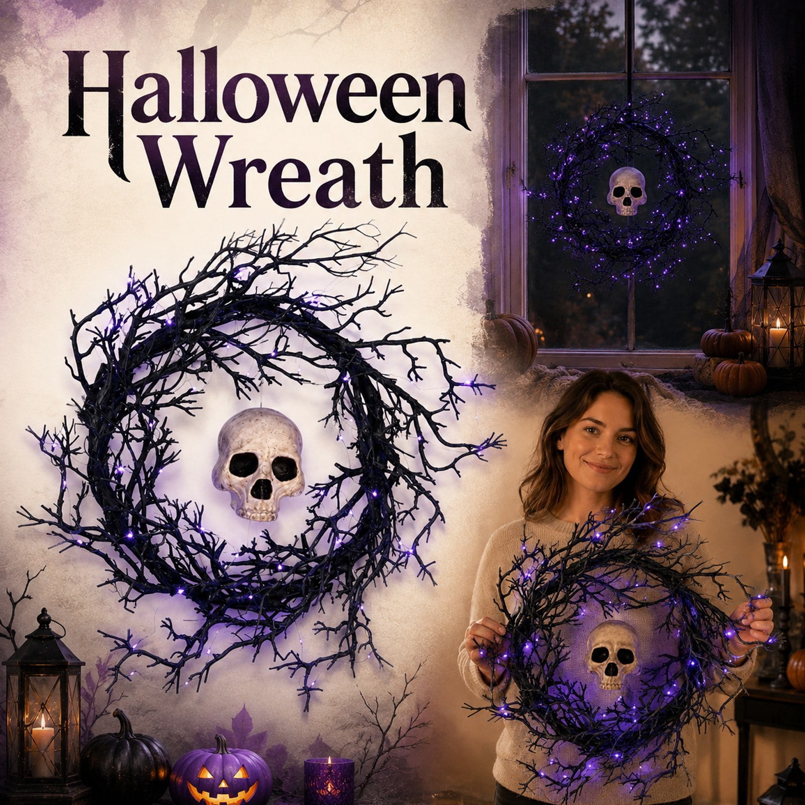 20 Inch Pre-Lit Halloween Ghost Wreath with Lights for Front Door, Spooky Illuminated Door Hanger Wreath for Outdoor Porch Wall Yard Holiday Party Home Decoration