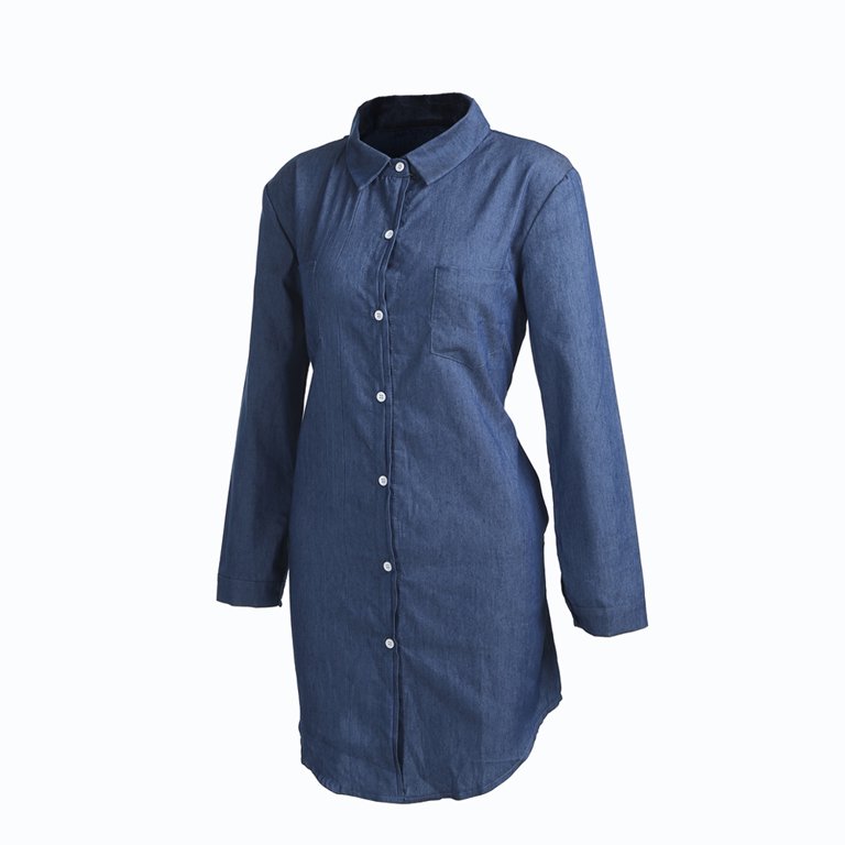 Hirigin Women's Blue Denim Dress, Long Sleeve, Button Closure, Casual Mini  Style - Walmart.com