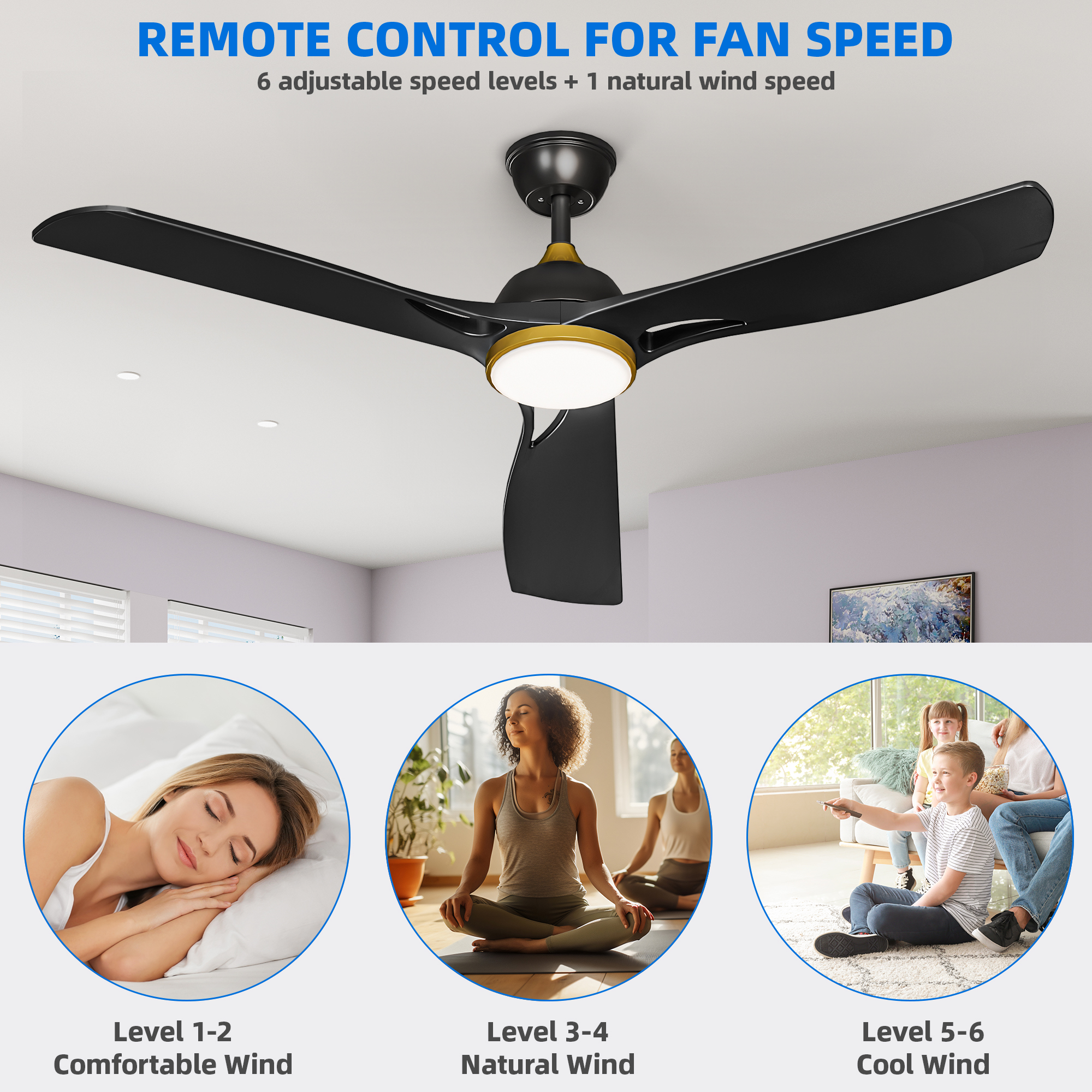 Uforic Dextrus 56-Inch Modern Ceiling Fan with Light, 3-Blade Reversible Design, Quiet 6-Speed DC Motor, Remote & App Control, Black