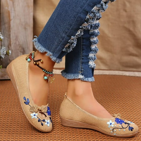 

Cathalem Wide Width Sandals for Women 11w Floral Embroidery Button Decor For Women Slip On Shallow Mouth Simple Single Shoes Sandal Beige 6.5