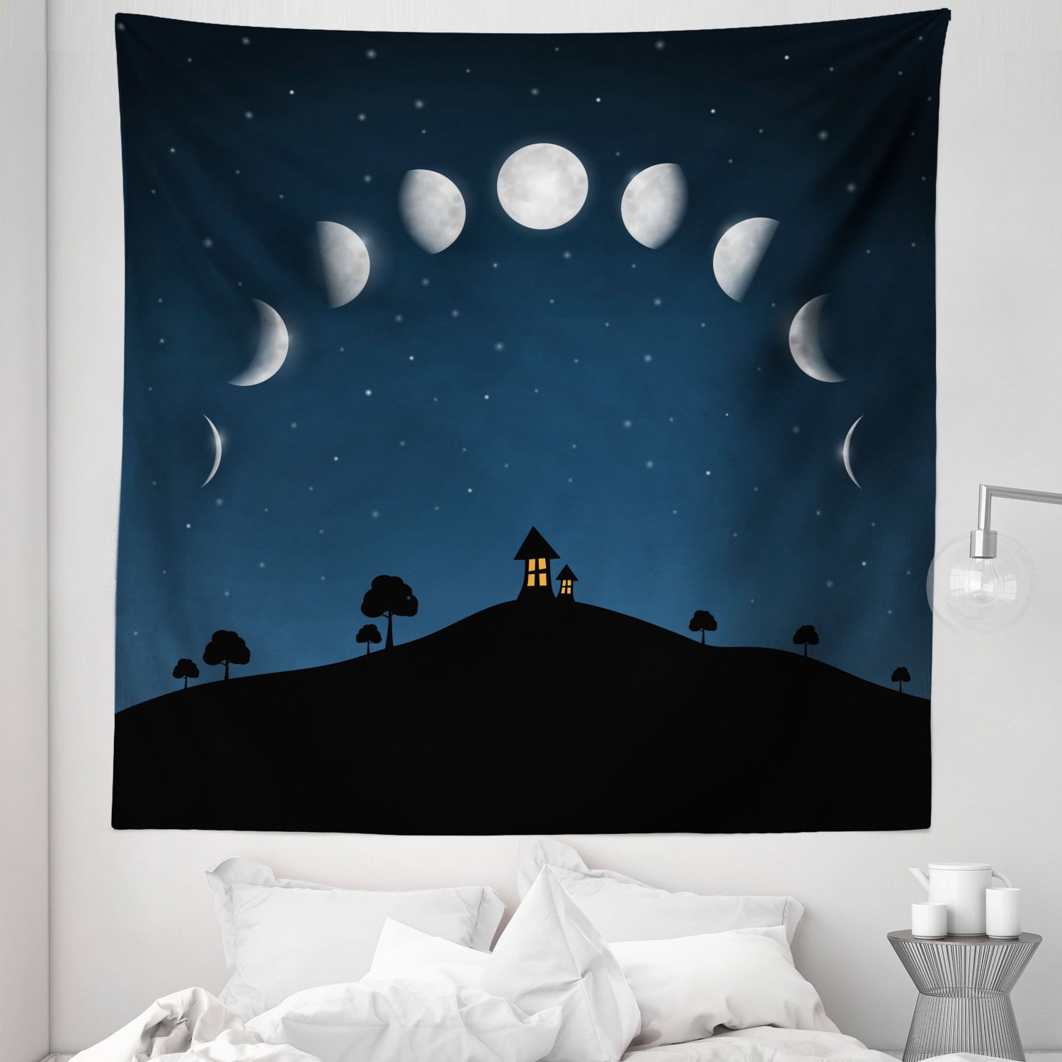 Moon Tapestry, Lunar Phases and Stars Little Houses Hills Silhouette ...