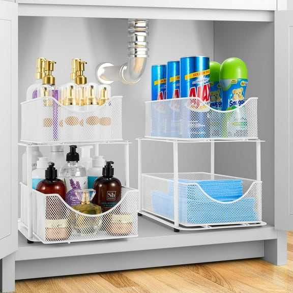 2 Tier Under Sink Organizer with Mesh Sliding Drawers for Bathroom and Kitchen Storage
