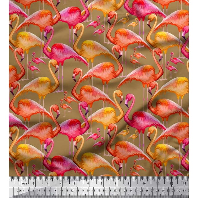 Soimoi Tissu en Coton Cambric Flamant Rose Imprimé Oiseau au Mètre 42 Pouces de Large