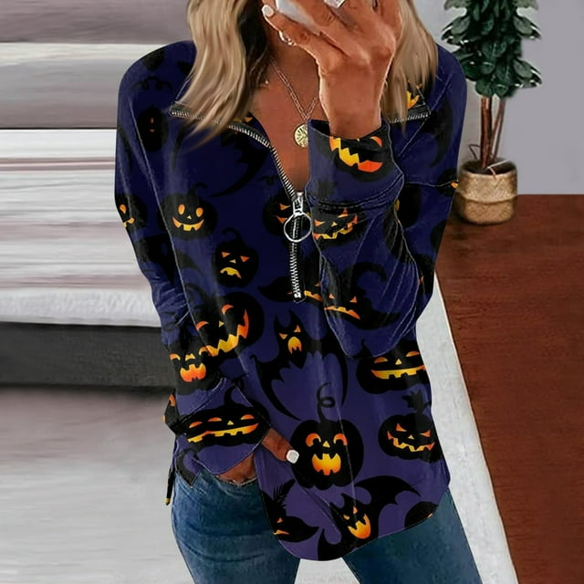 Femmes Causal Zip Pull Col Manches Longues Sweatshirts Halloween Print Activewear Veste de Course Vin XL