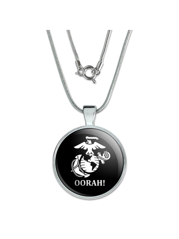 Oorah! USMC Marine Corps White on Black Officially Licensed 1" Pendant with Sterling Silver Plated Chain