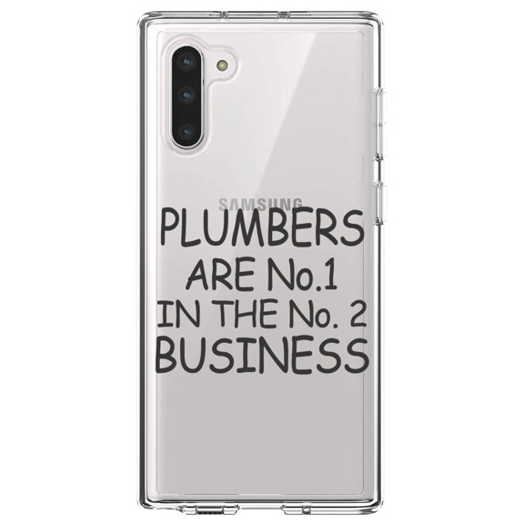 DistinctInk Clear Shockproof Hybrid Case for Samsung Galaxy Note 10 (6.3" Screen) - TPU Bumper Acrylic Back Tempered Glass Screen Protector - Plumbers #1 in the #2 Business