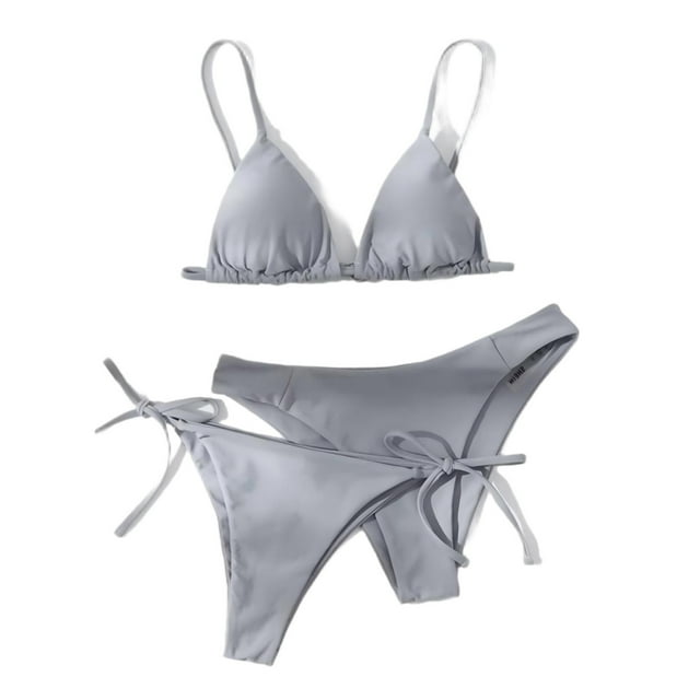 Trajes de baño para mujer, Trajes de baño para mujer, Traje de baño bikini de tirantes sin espalda de color liso para mujer, Conjunto de bikini con bloques de color y hombros descubiertos, Traje de ba