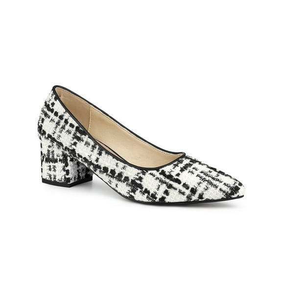 BLISSFUL STEP Women's Pointy Toe Tweed Plaid Knitted Printing Block Heels Pumps Black White 7
