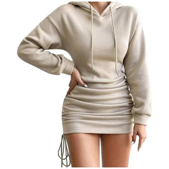 UJNDER Women's Fall Winter Hooded Sweatshirt Dress Bodycon Long Sleeve Drawstring Casual Streetwear Beige L