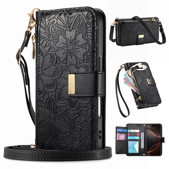 Dteck Crossbody Wallet Case for iPhone 13 Pro with Card Holder, Soft Embossing PU Leather Magnetic Closure Strap Zipper Pocket Phone Case Fit for iPhone 13 Pro,Black