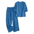 thumbnail image 4 of Soyumi Women's Summer Linen Short Sets, 2026 Cute Vacation Going Out Outfits V Neck Short Sleeve Linen Blend Top Wide Leg Palazzo Pants Beach Resort Trendy Flowy Clothes, Blue, 4 of 8