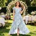 thumbnail image 2 of FINALGANG Girls Kids Square Neck Short Flutter Sleeve Floral Print Waist Tie Bow High Low Slit Hem Flowy Summer Maxi Dress For Chld Trendy Dress 5-6 Years, 2 of 4