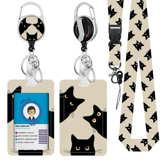 JOPJOLIW Black Cat Lanyards ID Badge, Cute Funny Cats ID Badge Holder with Retractable Reel Clip and Keychain, Vertical Identity Badge Cover Case Protector for Teacher Nurse women man
