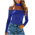 thumbnail image 2 of Lnmiateer Women 2026 Fall Fashion Y2K Off‑Shoulder Long‑Sleeve Blouse Choker‑Neck Basic & Slim‑Fit Style Trendy Date‑Night Going‑Out Outfit, 2 of 9