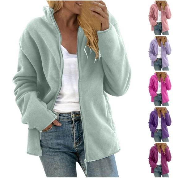 CFLVAEK Soft Polar Fleece Jackets for Women Plus Size Thick Zip Up Jacket Casual Long Sleeve Hiking Coat Warm Winter Outwear Dark Blue L