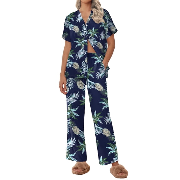 Ekouaer Women Pajamas Set Short Sleeve Button Down Sleepwear Soft Pjs Loungewear Pants Set Navy Tropics Small
