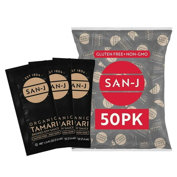 San J Organic Tamari Soy Sauce Gluten Free Non-GMO Gold Label Travel Packs, 0.25 Ounce Package. 200-Count