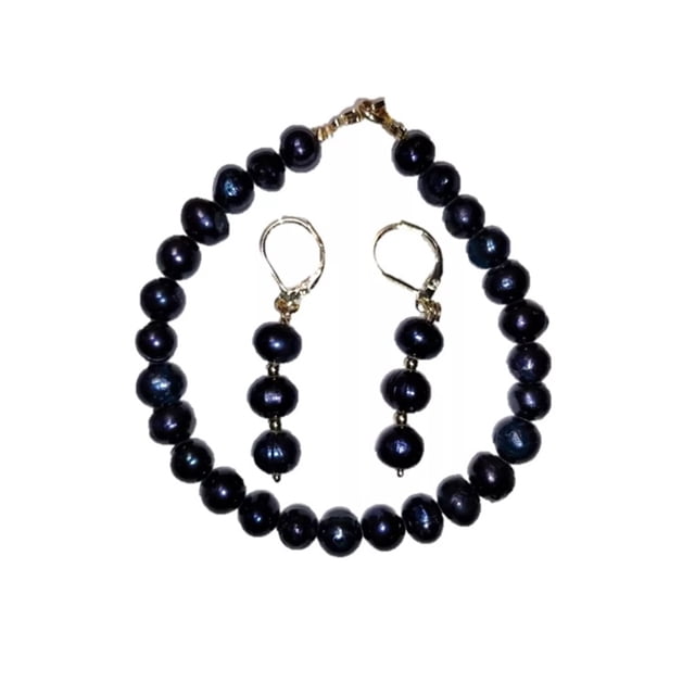 Pulsera y Aretes Con Perlas Negras Cultivadas