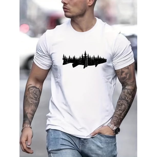 Trendy Fish & Forest Pattern Print Men's Comfy Chic T-shirt, Graphic Tee Men's Summer Outdoor Clothes, Men's Clothing, Tops For Men, Gift For Men Tee For Adult, Men, Women, Teen, Teenager, Adolescent