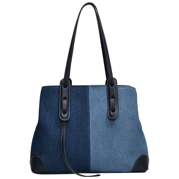 Bolso Transporte Mano Hombro Empalmado PU Mezclilla Alta Capacidad () Azul