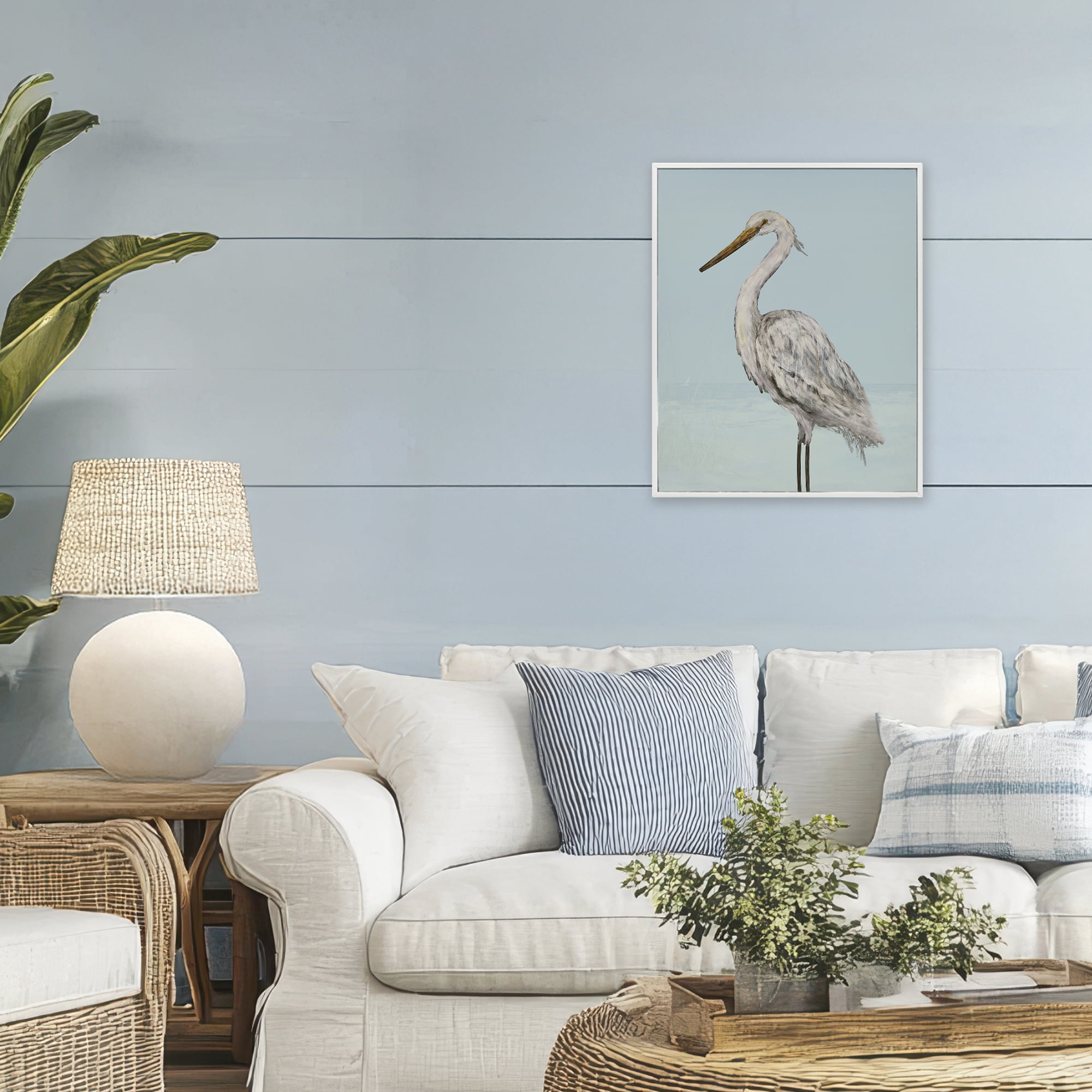 Stupell Industries Coastal Heron Muted Blue White Framed Giclee Art, design by Julie DeRice