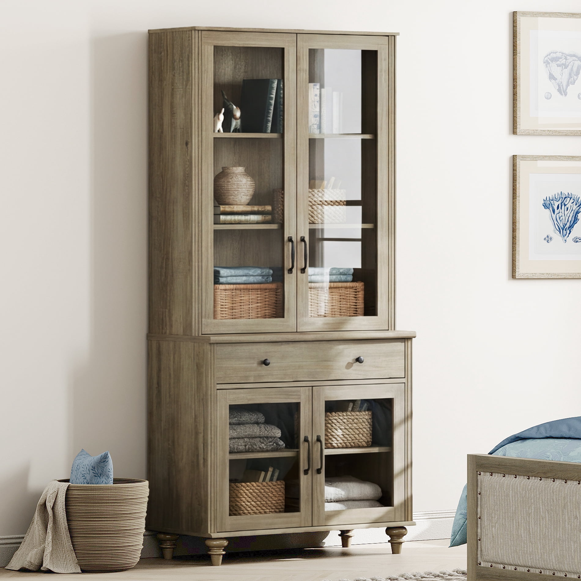 72.1"H × 33.9"W Farmhouse Wooden Bookcase with Glass Doors and Drawer, Large Storage Bookshelf for Living Room, Bedroom, Home Office & Kitchen, Wash Gray