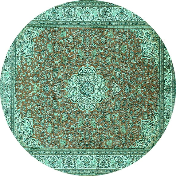Ahgly Company Machine Washable Indoor Round Medallion Turquoise Blue Traditional Area Rugs, 3' Round