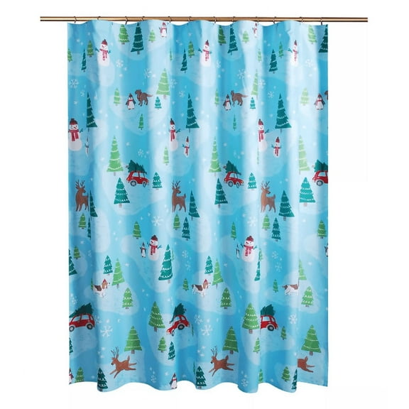 St. Nicholas Square Christmas Shower Curtain, Polyester with Red Car, Snow Scene Print, 70 x 70 inch