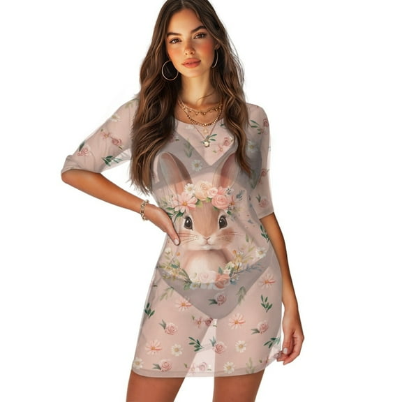 FKELYI Pink Floral Bunny Rabbit Print Women's Beach Cover Up Half Sleeve Swimsuit Cover-Up Chiffon Fabric Cover Ups Beachwear Dress with Roun Neck for Lady Summer Vacation, S