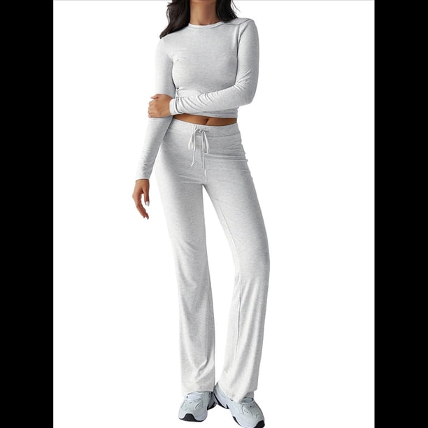 Conjunto de Chándal de Larga con Cuello Redondo y Pantalones Acampanados de Cintura Alta para Mujer. Flores Blancas y Grises XL