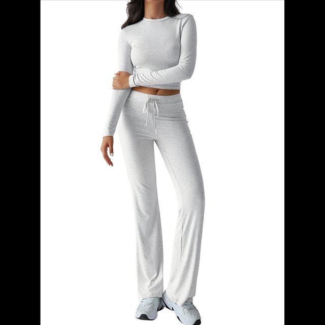 Conjunto de Chándal de Larga con Cuello Redondo y Pantalones Acampanados de Cintura Alta para Mujer. Flores Blancas y Grises XL