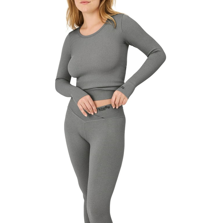 Kindly Yours Women's Sustainable Seamless Ribbed Crossover Waist Thermal  Leggings, Up to size XXXL 