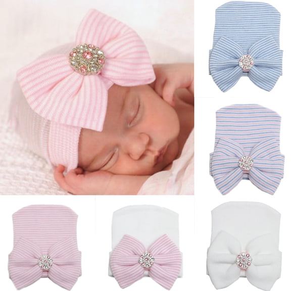 Dyfzdhu Baby Girl Big Bow Pink Shiny Diamond Cute Knitted Hat Pullover Cap
