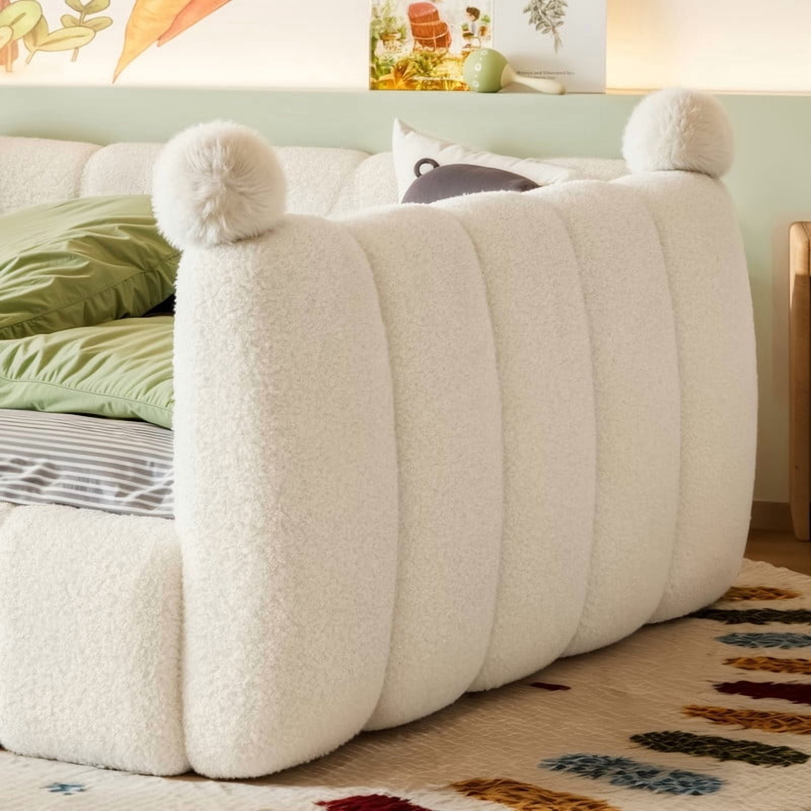 Howcool Montessori Upholstered Floor Bed,Full Size Low Toddler Bed with Full Surround Safety Rails, Beige