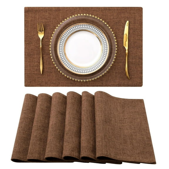 Cloth Placemats Set of 6, Linen Style Thick Dining Table Mats, Heat Resistant and Easy to Clean Placemats for Kitchen Dining Table, Brown