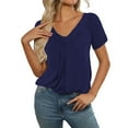 thumbnail image 4 of MIXUE Boho Tops For Women Summer Solid Color V Neck Short Sleeve Casual Tshirts Activewear,Blue,L, 4 of 8