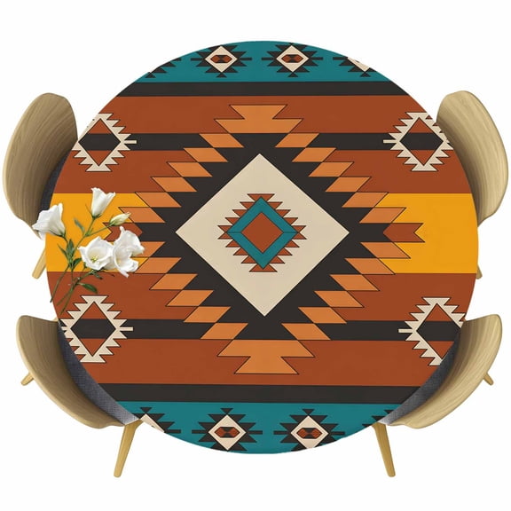 Aztec Southwest Round Tablecloth, Fitted Table Cover with Elastic for 36"-44" Round Tables, Orange Red Geometric Tribe Vintage Table Cloth Outdoor Indoor Dinning Party Waterproof Tablecloths