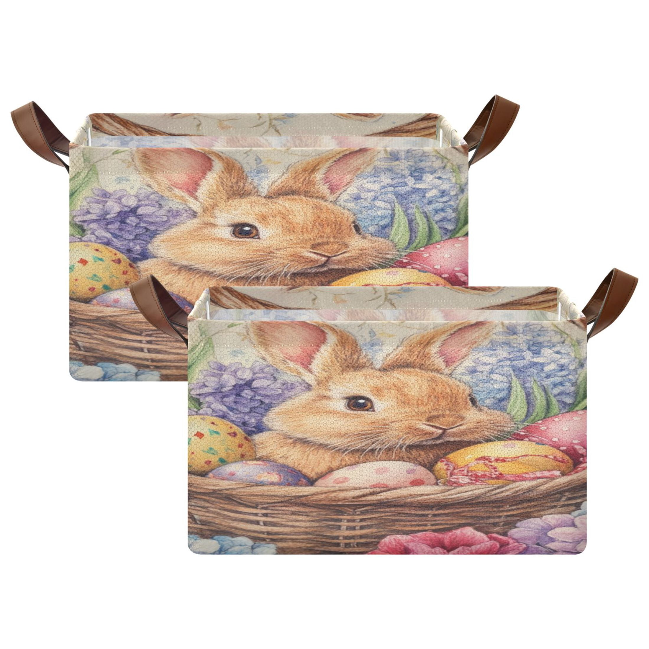 WOBOGO Easter Bunny Storage Basket 16.9×11.4×10in Collapsible Oversized with Metal Iron Frame Set of 1