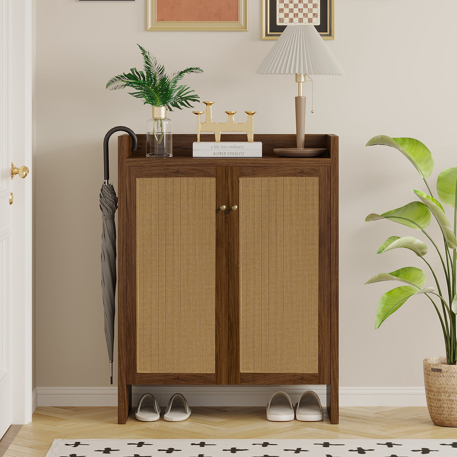 42.5" Tall Rattan Shoe Cabinet with Doors, 6-Tier Wooden Freestanding Shoe Storage Organizer with Adjustable Shelves, Mid-Century Entryway Shoe Cabinet for Hallway & Living Room