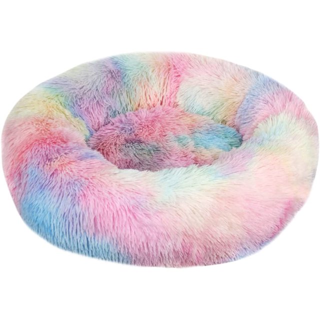 Lit Original Apaisant pour Chat et Chien en Forme de Beignet, Long Câlin en Fourrure, Détachable et Lavable en Machine, Oreiller Rond Auto-Chauffant pour Petits Animaux (M-24248 Pouces, Iridescent)