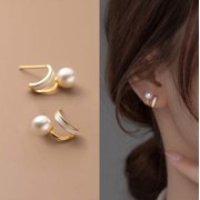 SMARTMAKEX Dainty Pearl Stud Earrings,Gold Pearl Huggie Earrings,Minimalist Pearl C Hoop,Fake Double Hoop Earrings,Bridal Wedding Earrings,Bridesmaid Gift