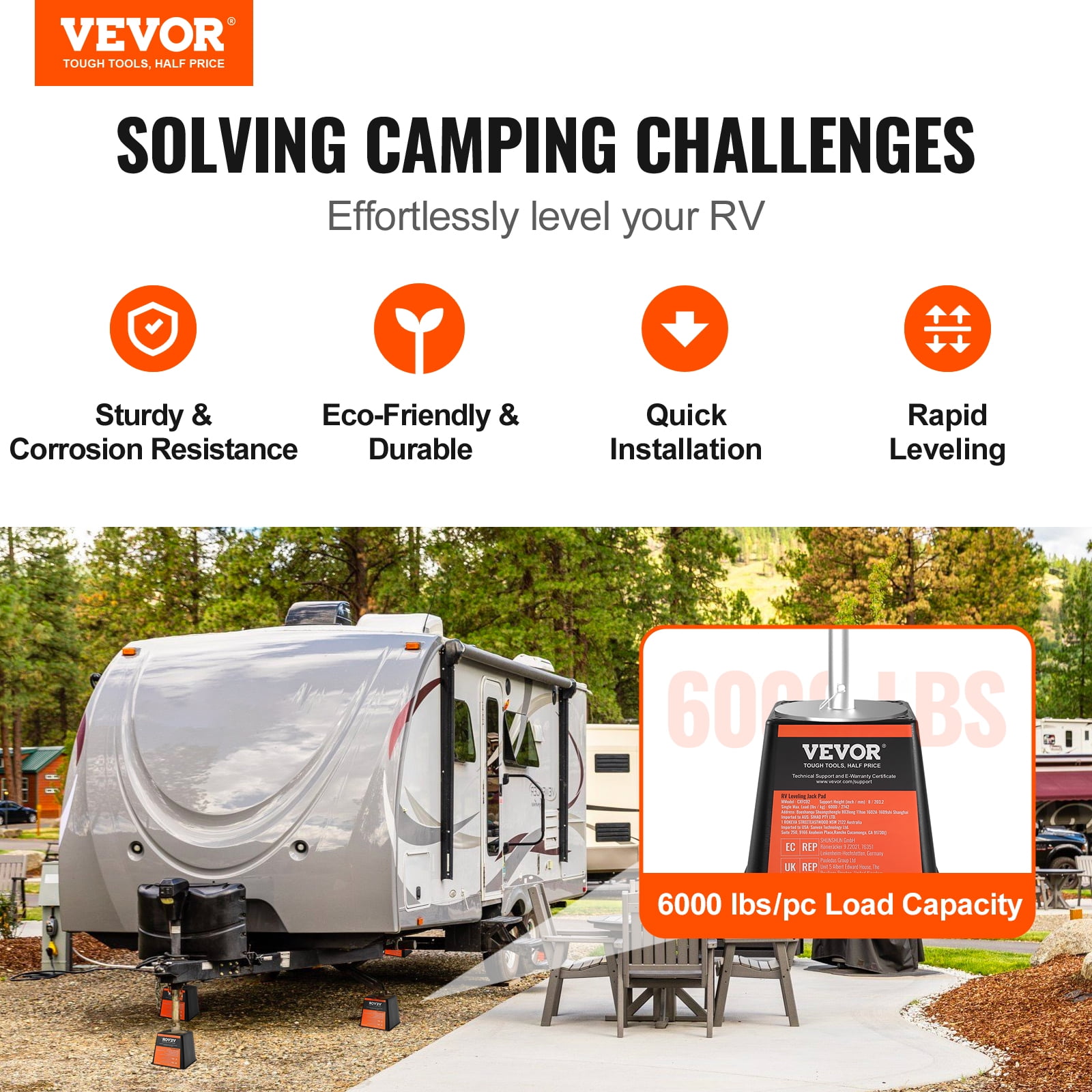 VEVOR Trailer Jack Block, 6000 lbs Capacity per RV Leveling Block, High-quality Polypropylene RV Camper Stabilizer Blocks, RV Travel Accessories Use for Any Tongue Jack, Post, Foot,5th Wheels,4-Pack