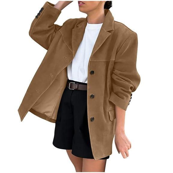 HTNBO Womens Spring Suede Blazer Jacket Y2k Outerwear Brown Aesthetic Faux Leather Jacket Fall Trendy Fashion Coat
