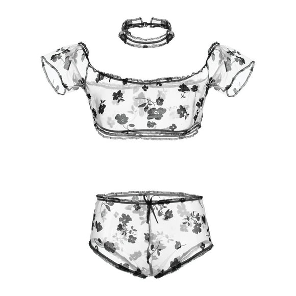 GDREDA Plus Size Valentines Day Lingerie Sexy Lingerie Flower Embroidery Thong Underwear New Sleepwear Neck Ring Black,XL