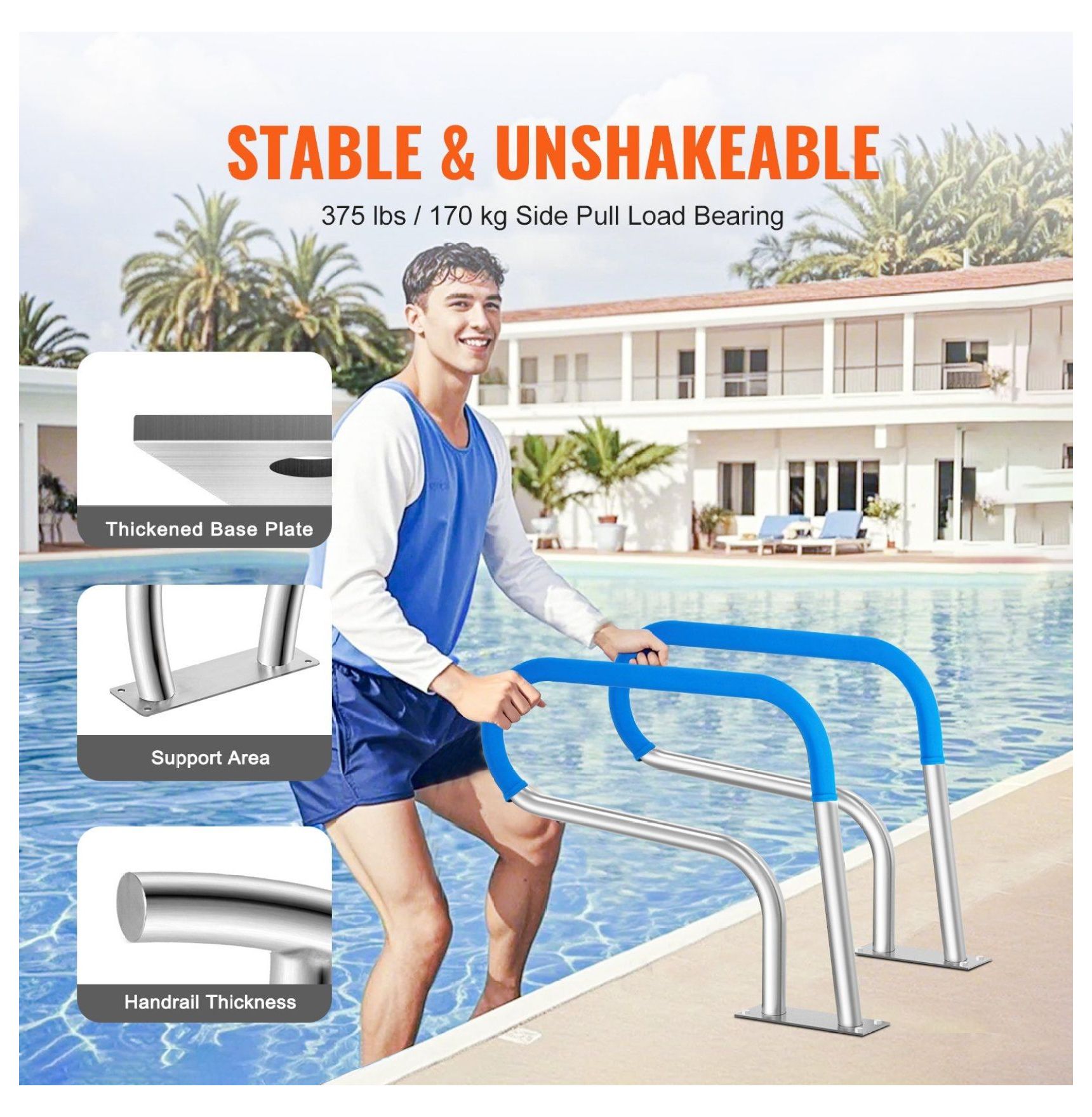Pool Handrail 32 x 23 inch, Stainless Steel Spa Handrails with Base Plate, Pool Safety Rail for Inground Pools, Heavy Duty Hand Rail for Elderly & Kids