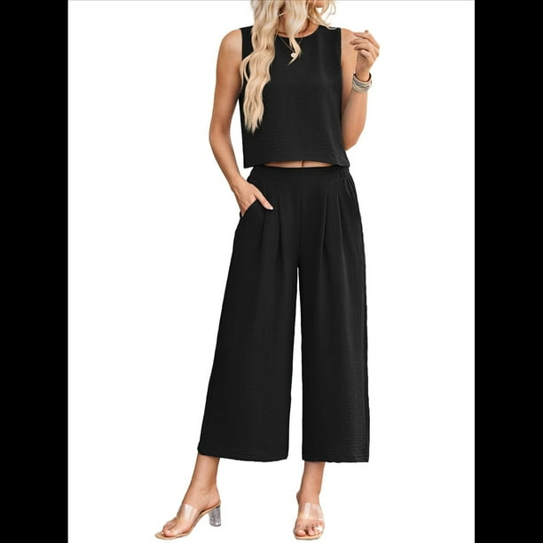Conjunto de Dos Piezas de Verano para Mujer: Top Corto Básico Sin Mangas con Cuello Redondo y Pantalones Anchos con Bolsillos Negro XL